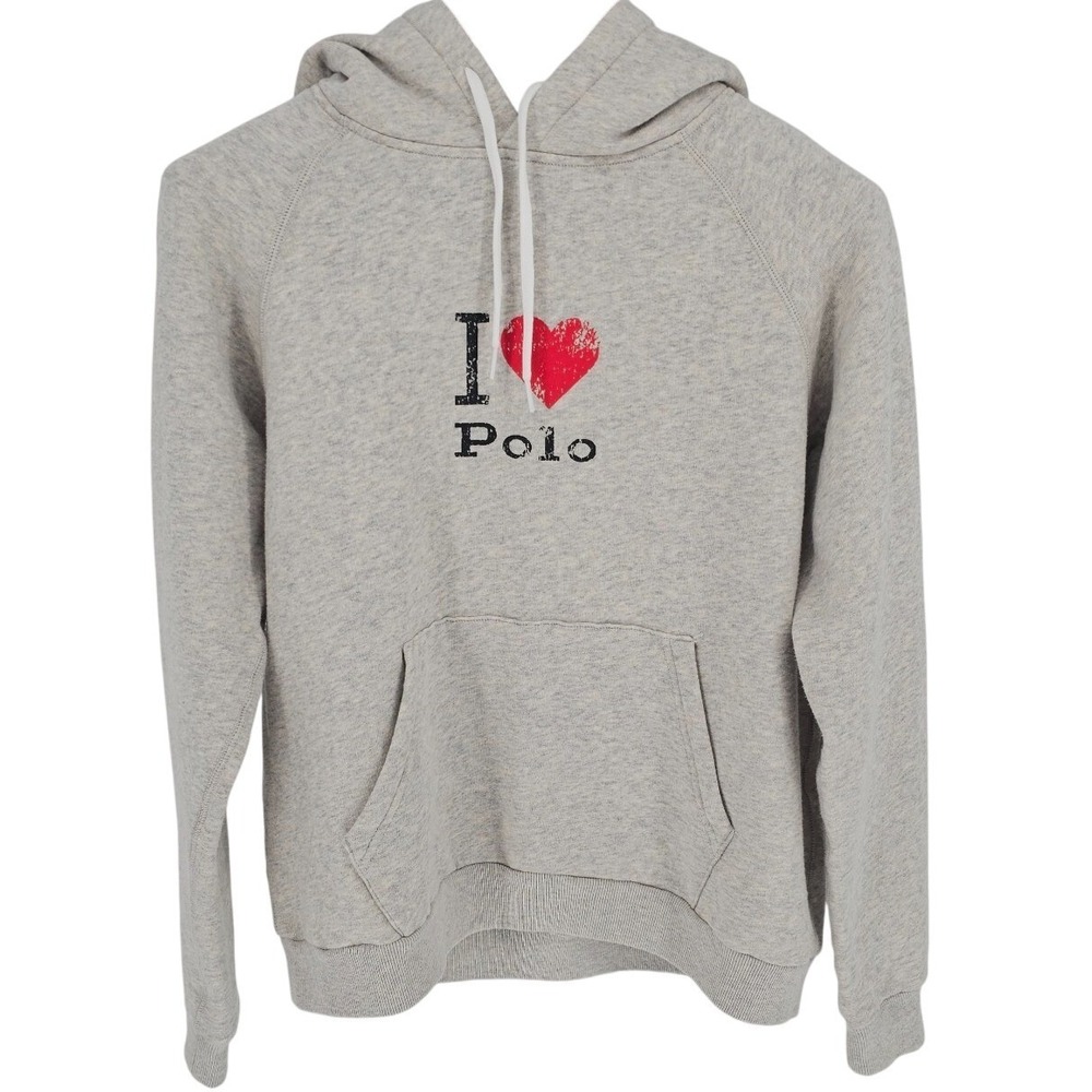 Ralph Lauren Hoodie‎ Womens Large Heather Grey I Heart Polo Distressed Pullover